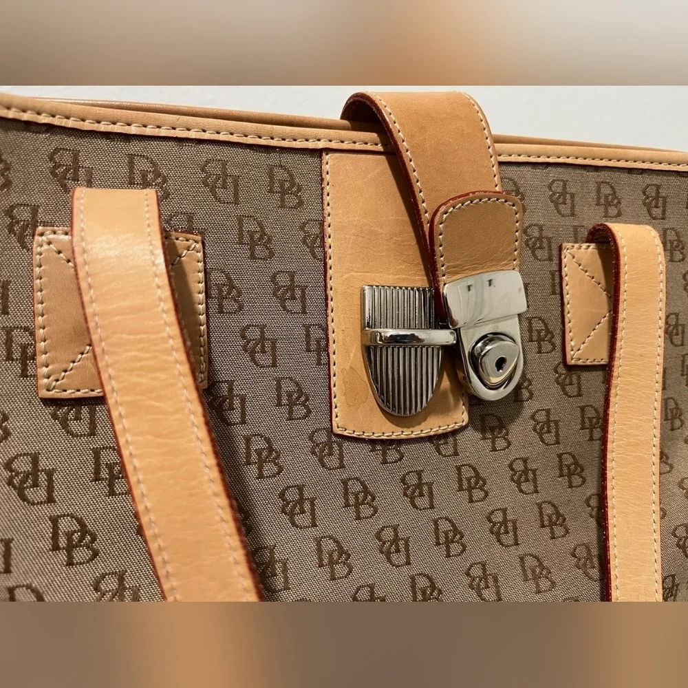 Vintage Dooney & Bourke Signature Logo Canvas Shopper With Leather Trim  EUC